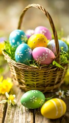Easter eggs in a basket on a rustic wooden table