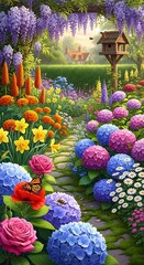 Enchanting Garden Path with Vibrant Flowers and Birdhouse.