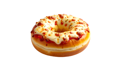 Savory Pizza Donut or Bagel with Melted Mozzarella Cheese and Tomato Sauce Isolated on Black. Delicious Fusion Food Concept.