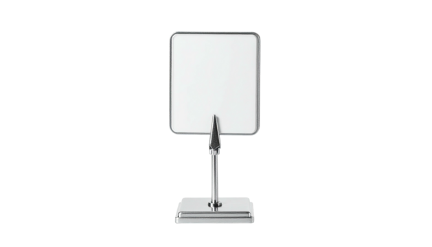 A metal sign holder with a square frame and white blank space, isolated on black