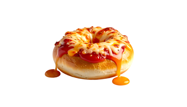 Gourmet Savory Pizza Donut with Melting Cheese & Dripping Sauce, Isolated on Black Background