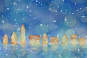 雪が舞い降る幻想的な冬の街並みの風景。水彩イラスト背景。