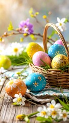 Easter eggs in a basket with flowers (1)