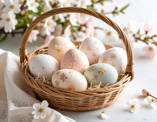 Easter eggs in a basket with flowers