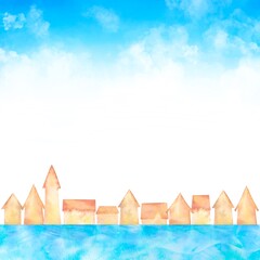爽やかな青空と水辺に浮かぶ夏の街並みフレーム。水彩イラスト。