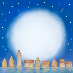 星空が輝く夜の街並みイラスト。コピースペースフレーム。