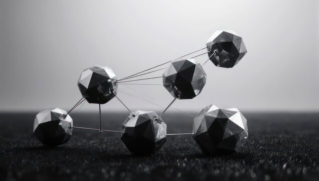 Monochrome still life featuring interconnected faceted orbs suspended by threads