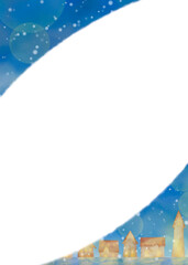 雪とボケが舞う冬の街並み、縦型フレーム素材、メッセージ背景