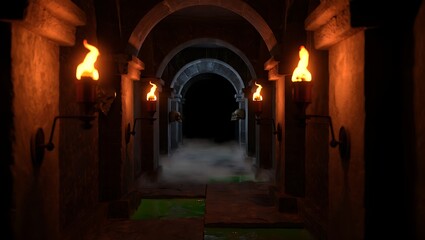 Fototapeta premium Dark Corridor with Blazing Torches and Eerie Fog