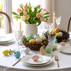 Easter table setting with tulips and pastel eggs