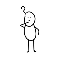 Confused stick figure with question mark above head. Hand drawn doodle character illustration symbolizing doubt, curiosity, or thinking concept. Vector design