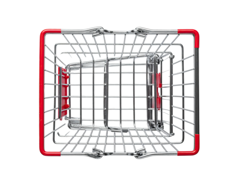 Top-down view of a shiny, empty wire shopping basket with red trim