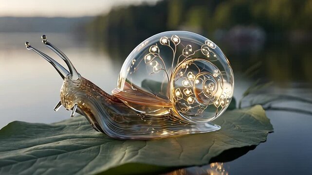 An enchanting, translucent snail with bioluminescent lights inside its crystal shell sits on a green leaf floating on a serene lake at twilight.
