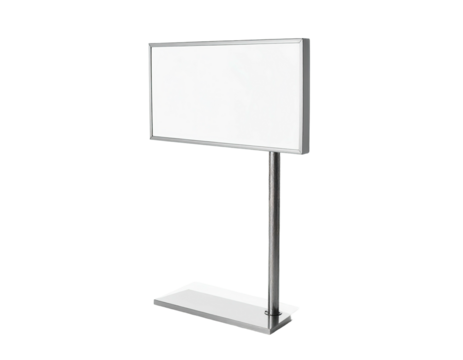 A tall, silver-framed display board, rectangular white panel, standing on a base
