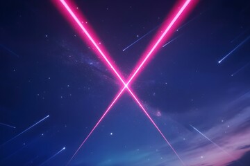 Vibrant pink lasers form an x against a starry night sky
