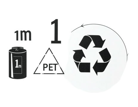 Set of recycling symbols; numbers & text appear beside an illustration