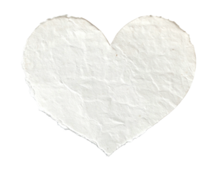A textured white paper heart, with ragged edges, floats against a black background