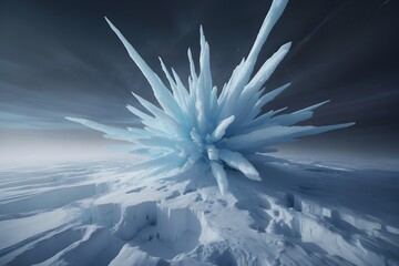 Explosion of sharp blue ice crystals on a frozen landscape