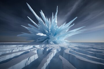 Explosion of ice crystals on a frozen surface under dramatic skies