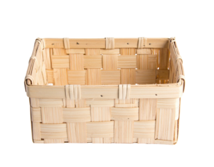 Open, empty rectangular basket with woven light wood construction