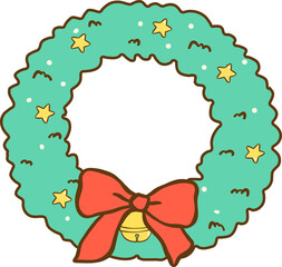 Illustration of Christmas Wreath with Red Bow Catoon Hand Drawn