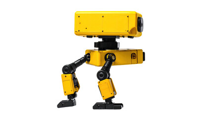 Fototapeta premium A yellow robot with legs, boxes, and multiple joints. Stands against a black background