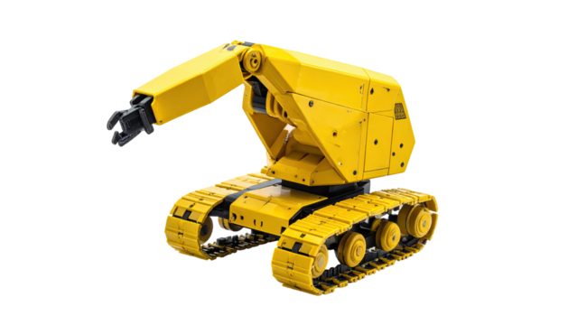 Yellow robotic arm crawler; articulated, rugged design; tracks for movement