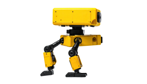 A yellow robot with legs, boxes, and multiple joints. Stands against a black background - Powered by Adobe