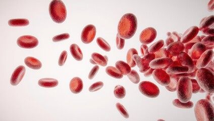 Microscopic view of numerous red blood cells floating against a soft, white background