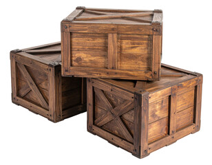 Three stacked, weathered wooden boxes with cross-bracing and metal corner accents