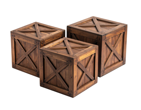 Three wooden boxes of varying sizes, styled with cross bracing and wood grain