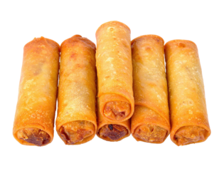 Golden-brown, fried cylindrical appetizers piled in a slightly-overlapping, delicious display