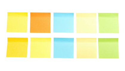 Array of colorful sticky notes arranged in two rows on a stark black backdrop