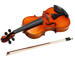A classical stringed instrument with a bow lies on a dark background
