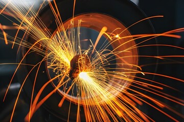 Intense sparks fly from grinding metal with a circular saw