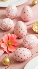 Fototapeta premium Elegant Pink Easter Eggs with Floral and Polka Dot Designs.