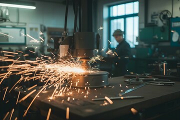Worker grinding metal creating bright sparks in workshop