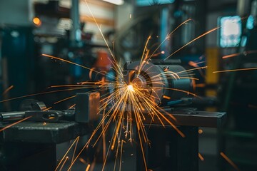 Intense sparks fly from grinding metal in industrial workshop