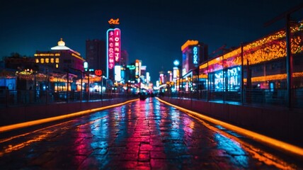 Wet city street at night with neon lights and reflections