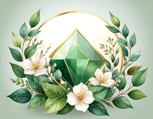 Elegant emerald gem framed by greenery and flowers