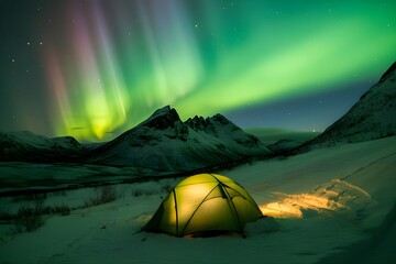 Cozy tent under vibrant aurora borealis in snowy mountains