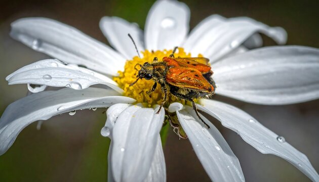 Insects mating on a daisy flower with water droplets