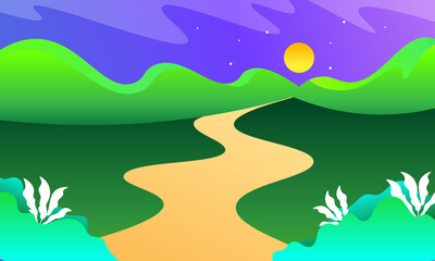 Beautiful Landscape Illustration with Road Leading to Green Hills, Bright Sky and Sunrise in Colorful Gradient Style