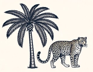 Elegant line art of a palm tree and a leopard