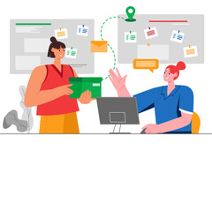 Two women collaborate on a project one holding a green box the other at a computer with sticky notes on a board behind them and a dotted line connecting tasks