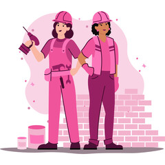Two Women Construction Workers Stand Together in Pink Uniforms Holding Tools with Pink Brick Wall Background and Paint Cans