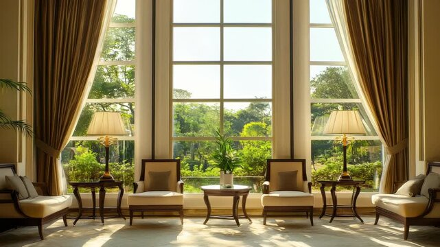 Elegant Interior with Large Window Overlooking Lush Greenery, Featuring Armchairs, Lamps, and Curtains in a Luxurious Setting