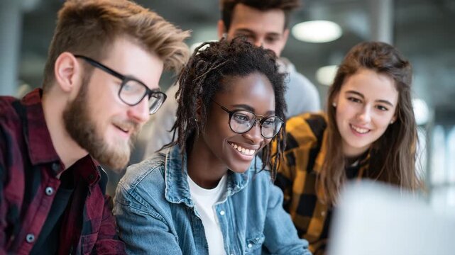 Diverse Group of Young Adults Collaborating and Smiling While Working on a Laptop in a Modern Office or Classroom Setting
