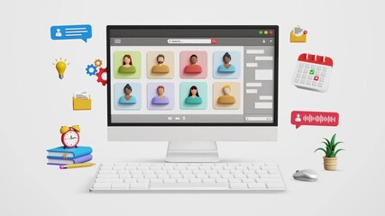 Virtual video conference, remote meeting, online presentation, collaboration, teamwork or cooperation concept. Virtual conference meeting or webinar call on 3D computer. 4K 3D animation - Powered by Adobe