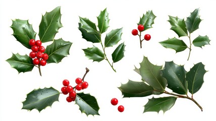 Realistic green holly leaves with red berries for christmas decoration isolated on white background, festive holiday botanicals for seasonal design and craft projects